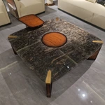 Luxury Square Coffee Table with Multi-Material Design Featuring Natural Wood Veneer and Marble-Effect Top